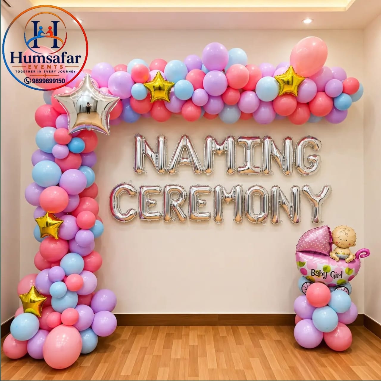 Baby Girl Naming Ceremony Pastel Balloon Arch & Foil Letter Decor