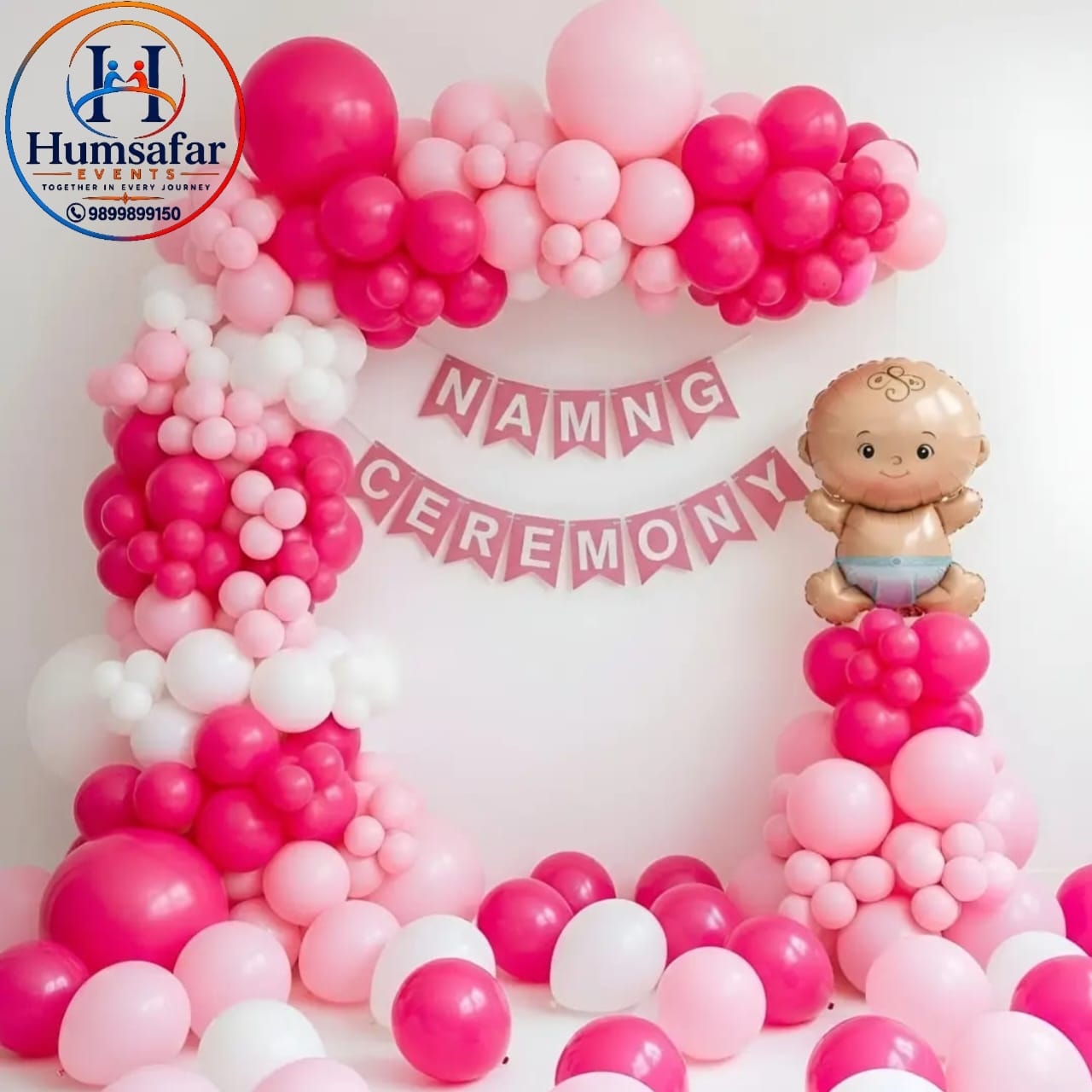 Pink & White Naming Ceremony Balloon Frame with Baby Foil Accent