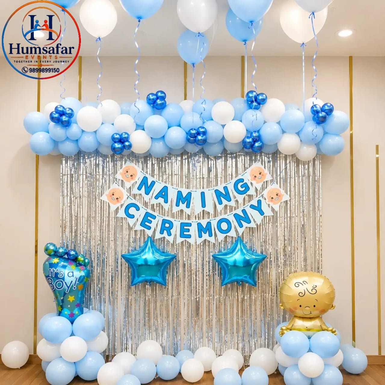 Baby Boy/Girl Naming Ceremony Silver Shimmer & Pastel Blue Balloon Decor