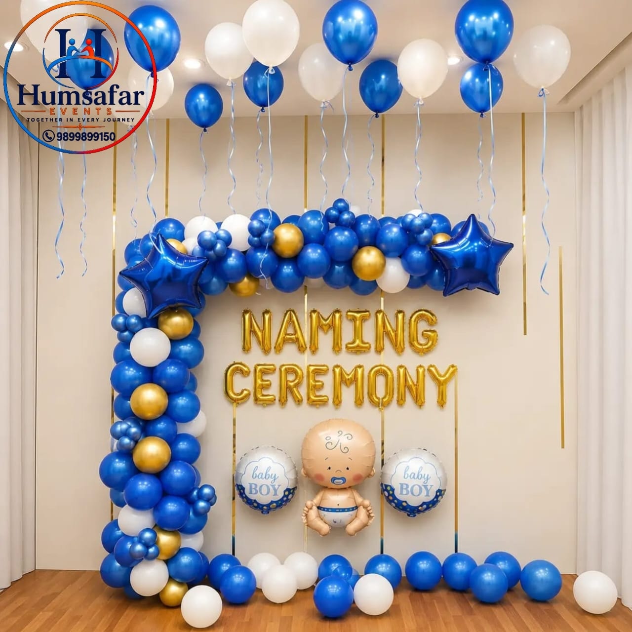 Royal Blue & Gold Baby Boy Naming Ceremony Balloon Decor