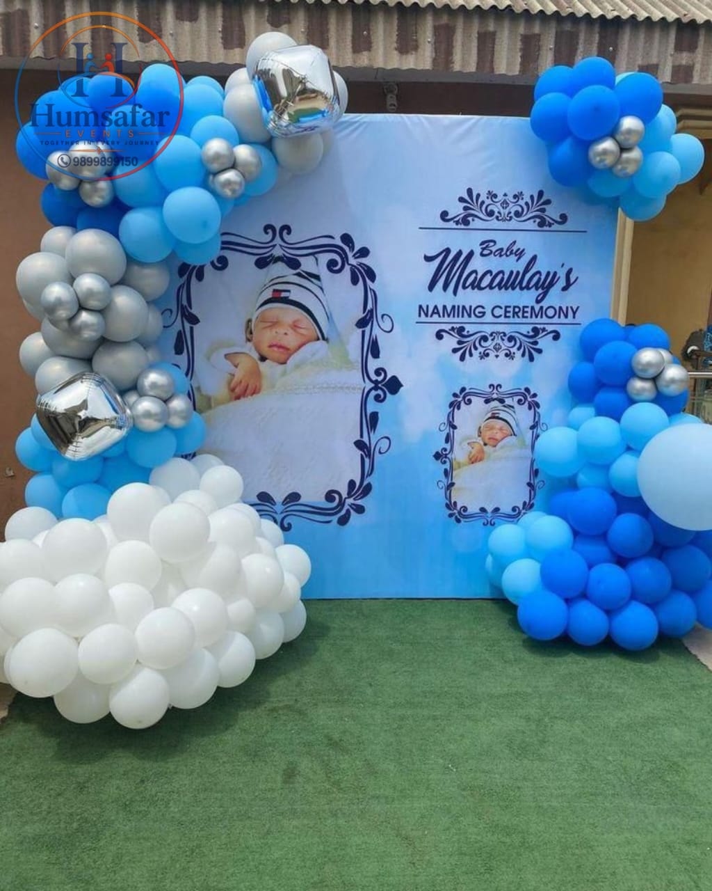 Baby Boy/Girl Naming Ceremony Sky Blue & Silver Cloud Balloon Backdrop