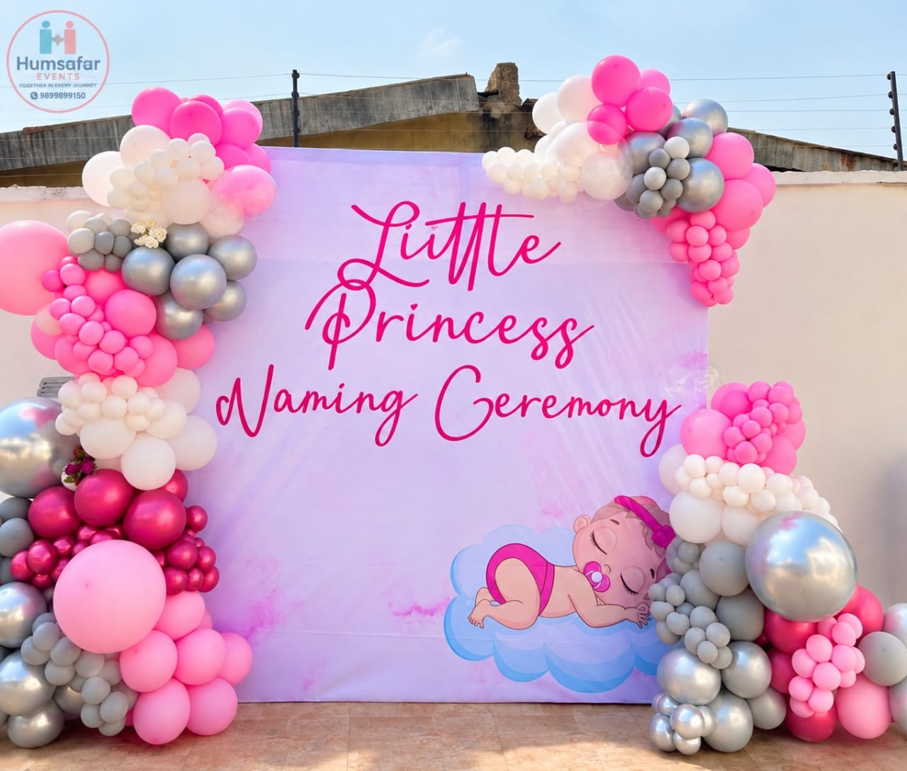 "Little Princess" Naming Ceremony Pink & Silver Balloon Garland Backdrop