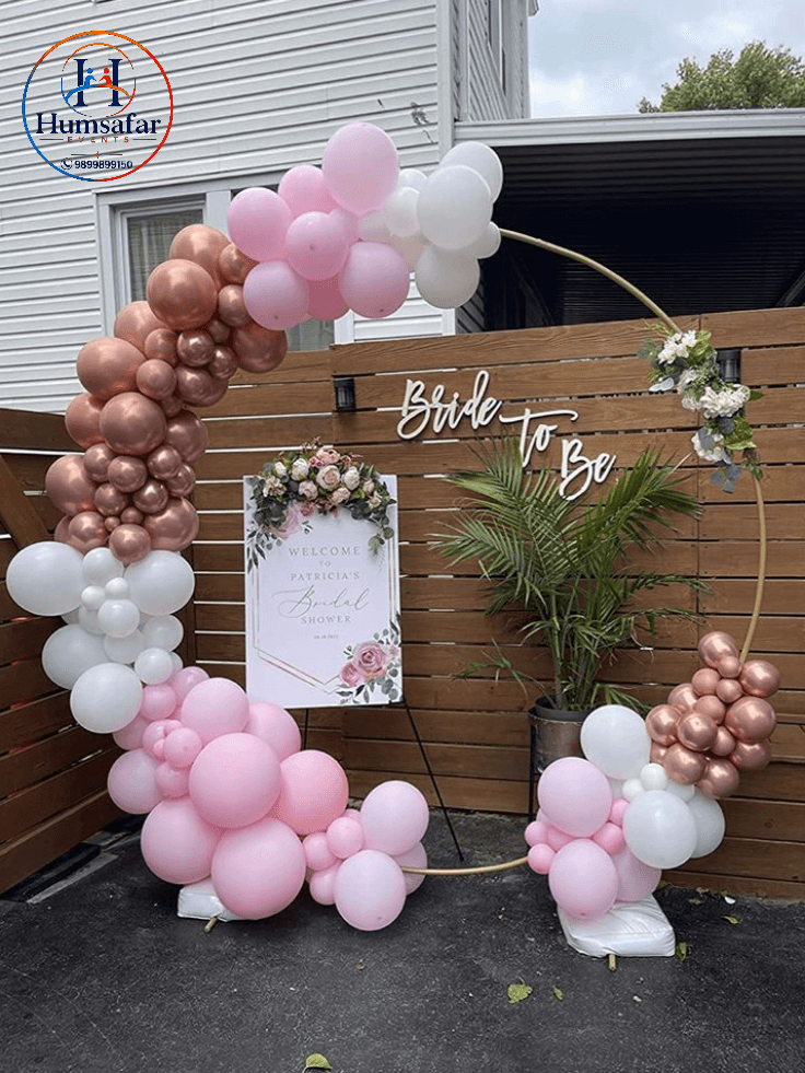 Blush & Rose Gold Ring Arch with Welcome Sign: Bride to Be Decor