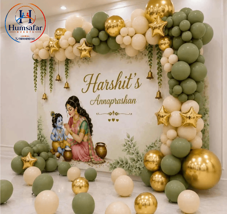 Sage Green Krishna-Themed Annaprashan Decor