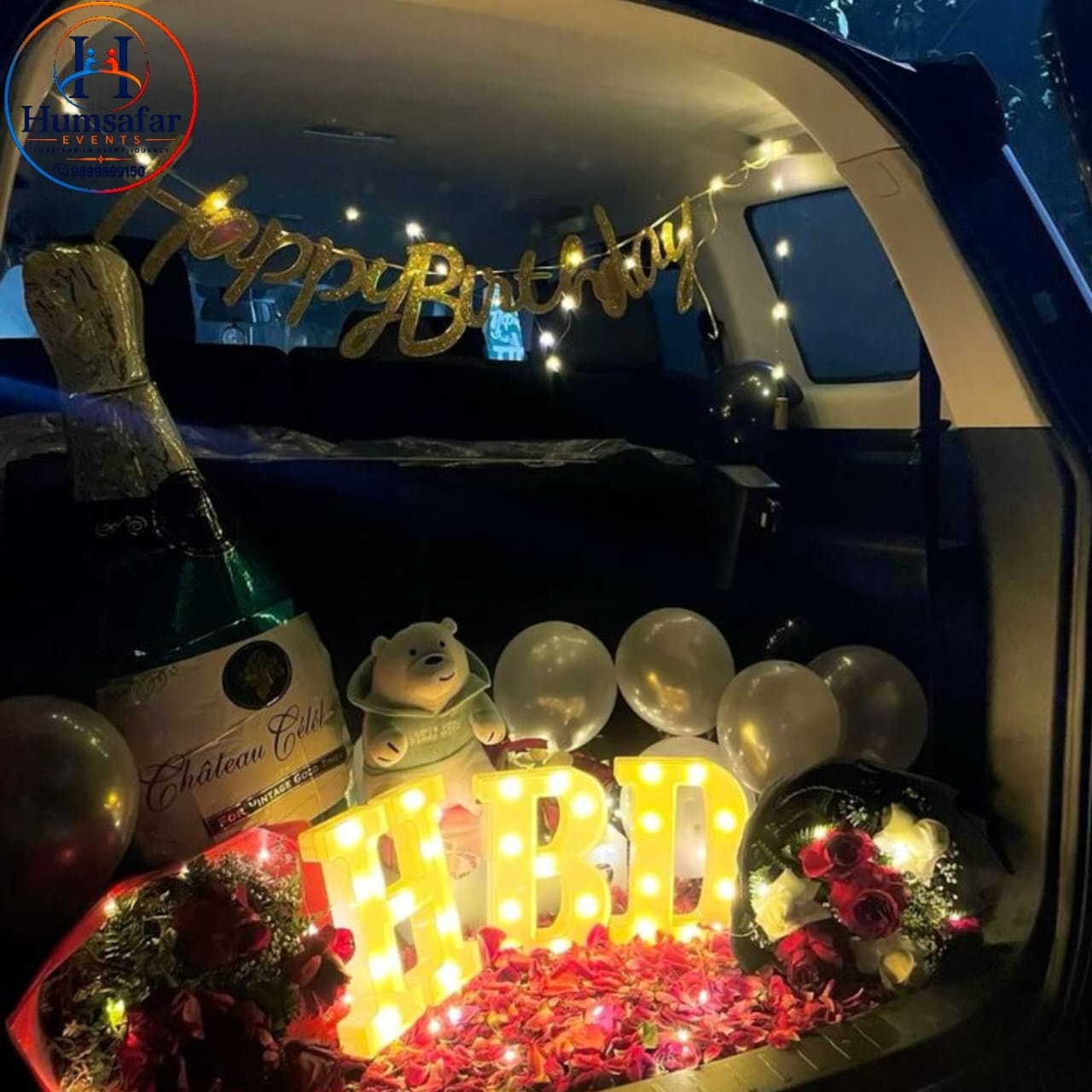Illuminated Rose & Marquee Birthday Car Boot Surprise Setup