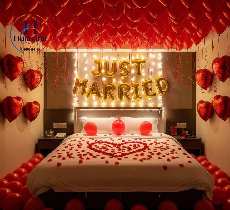 Grand Floral Canopy Suhagrat DecorGolden Just Married Fairy-Light Decor