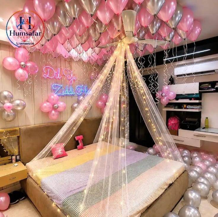 Pink & Silver Fairy Light Canopy Bedroom Setup
