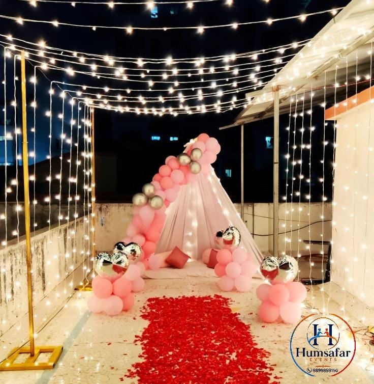Rooftop Fairy Light Cabana Proposal Setup