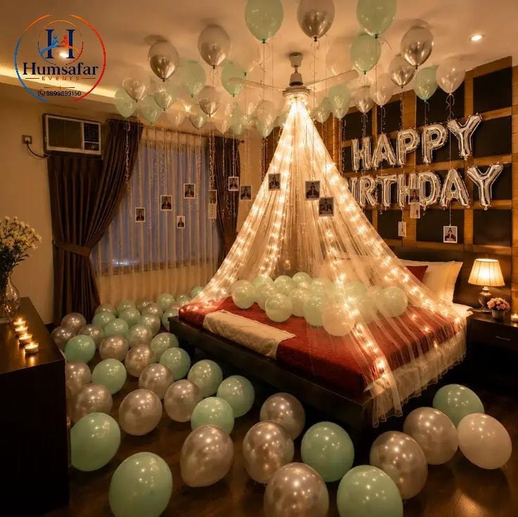 Mint & Silver Birthday Fairy Light Canopy Setup