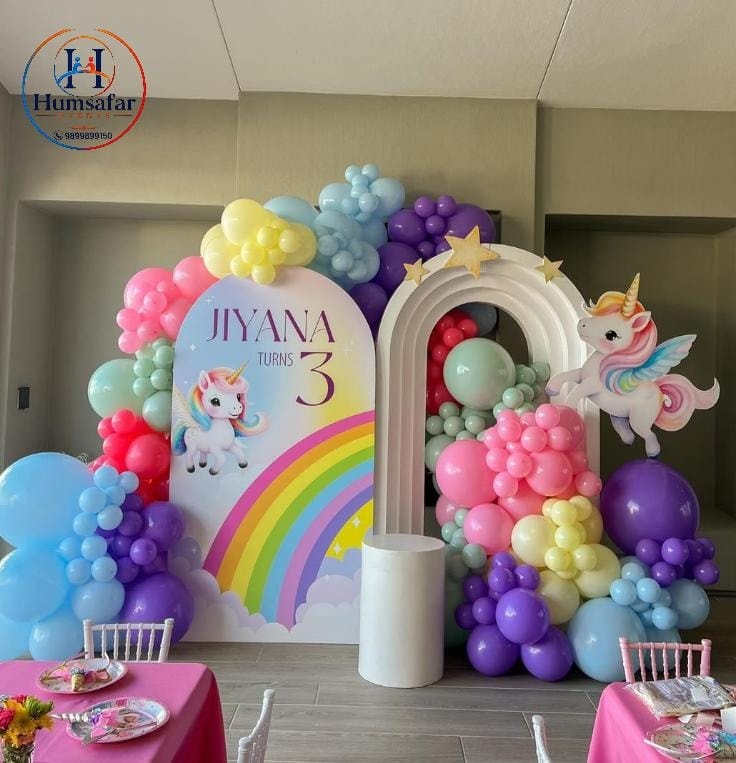 Whimsical Rainbow Arch & Unicorn 3rd Birthday Setup