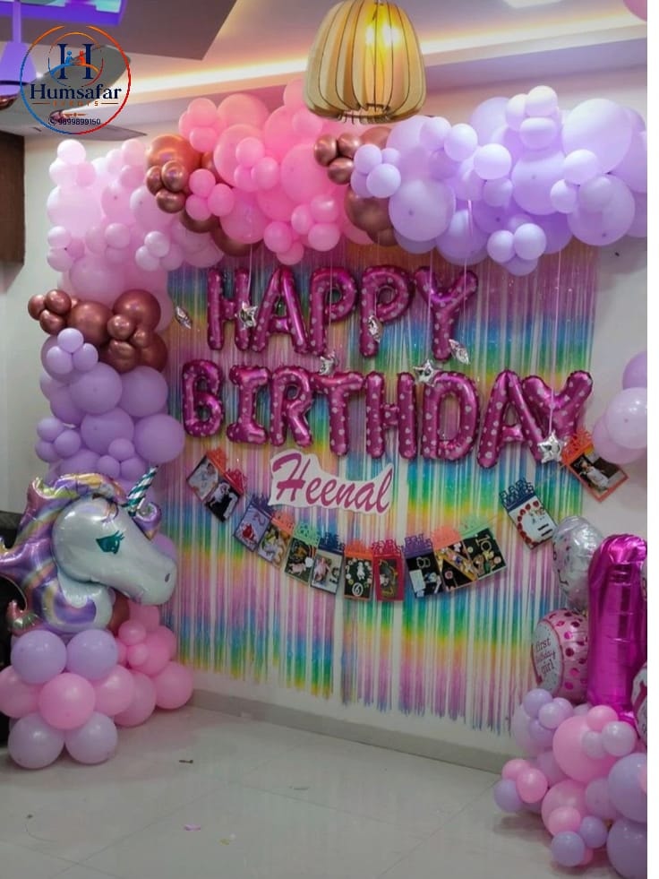 Iridescent Fringe & Pink Balloon 1st Birthday Wall