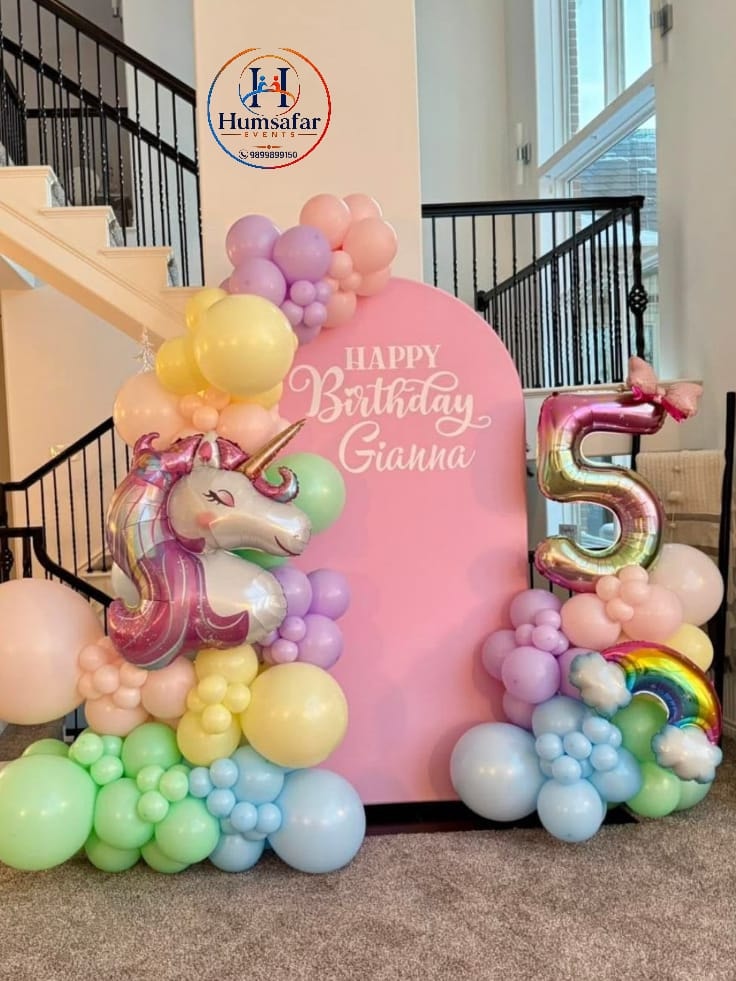 Pastel Arch & Giant Foil Number 5 Setup