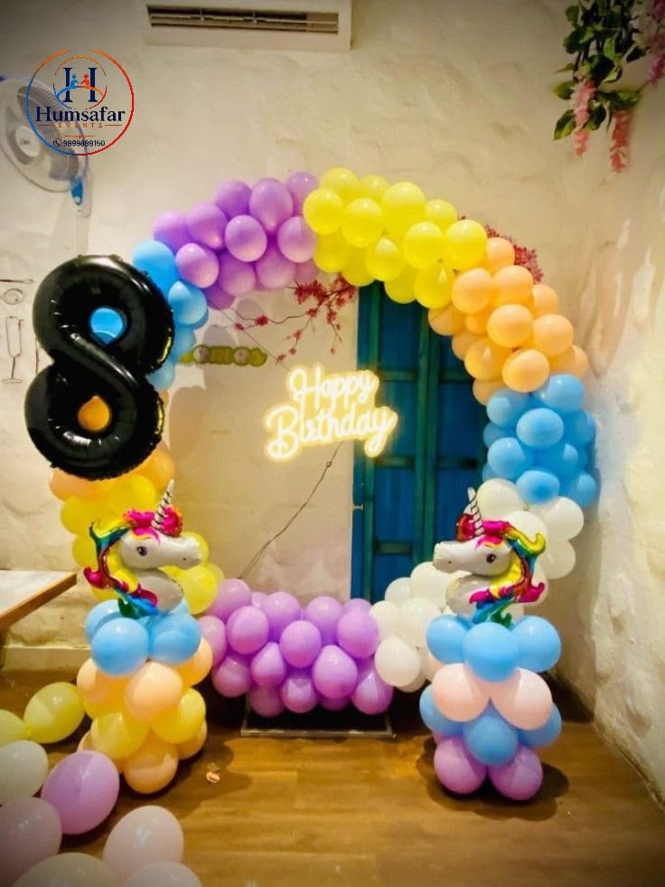 Color-Blocked Balloon Ring & Neon 8th Birthday Setup