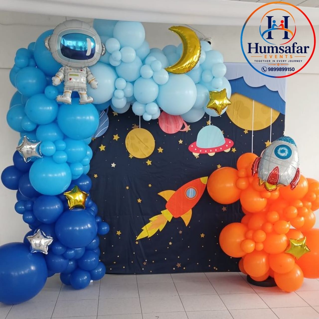 Cosmic Galaxy Balloon Arch & Rocket Display