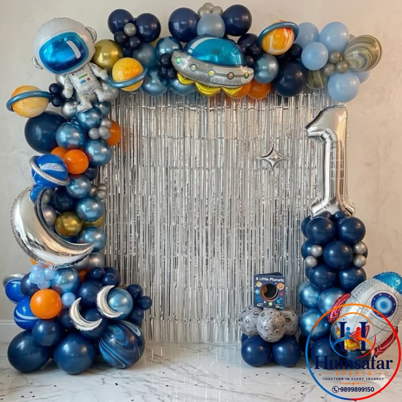 Silver Tinsel Fringe Outer Space 1st Birthday Setup