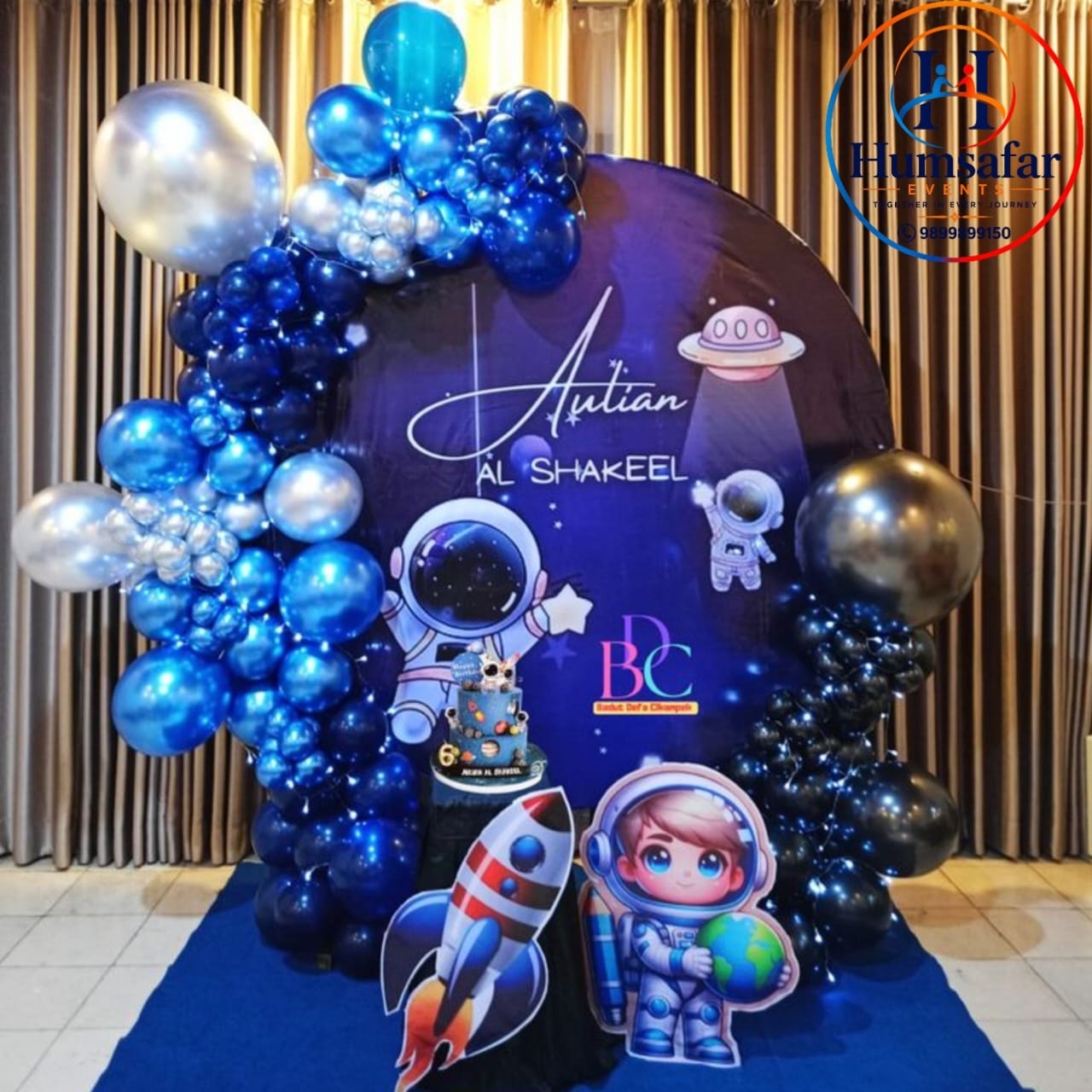 Deep Blue Cosmic Round Backdrop & Astronaut Standees