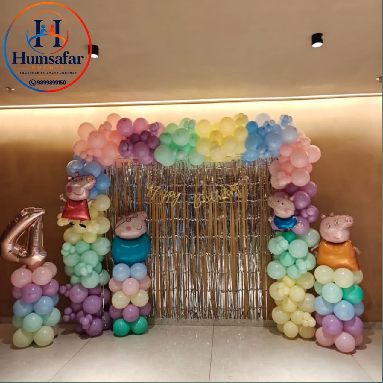 Peppa Pig Family Balloon Columns & Tinsel Wall Setup