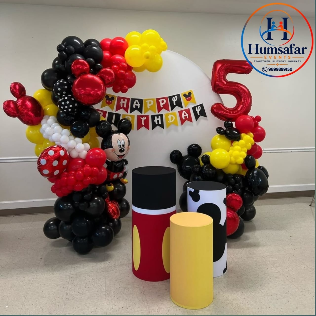 Round Mickey Backdrop & Themed Pedestals 5th Birthday