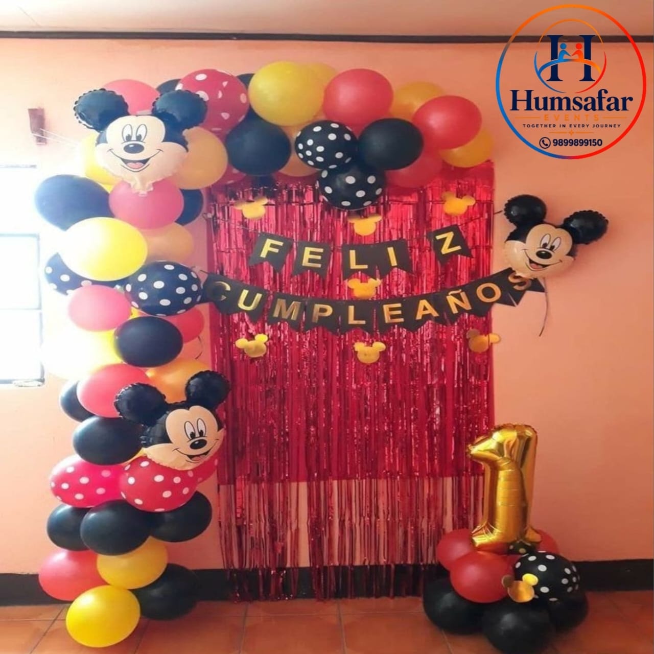 Red Tinsel "Feliz Cumpleaños" Mickey 1st Birthday Setup