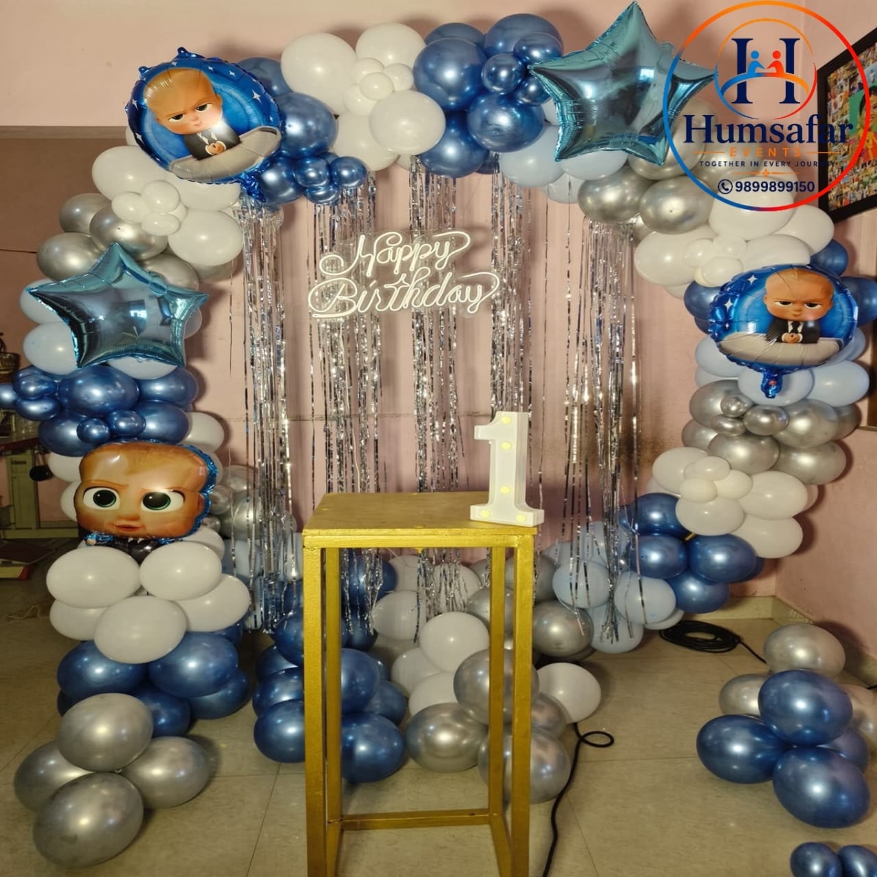 Silver Tinsel Curtain Boss Baby 1st Birthday