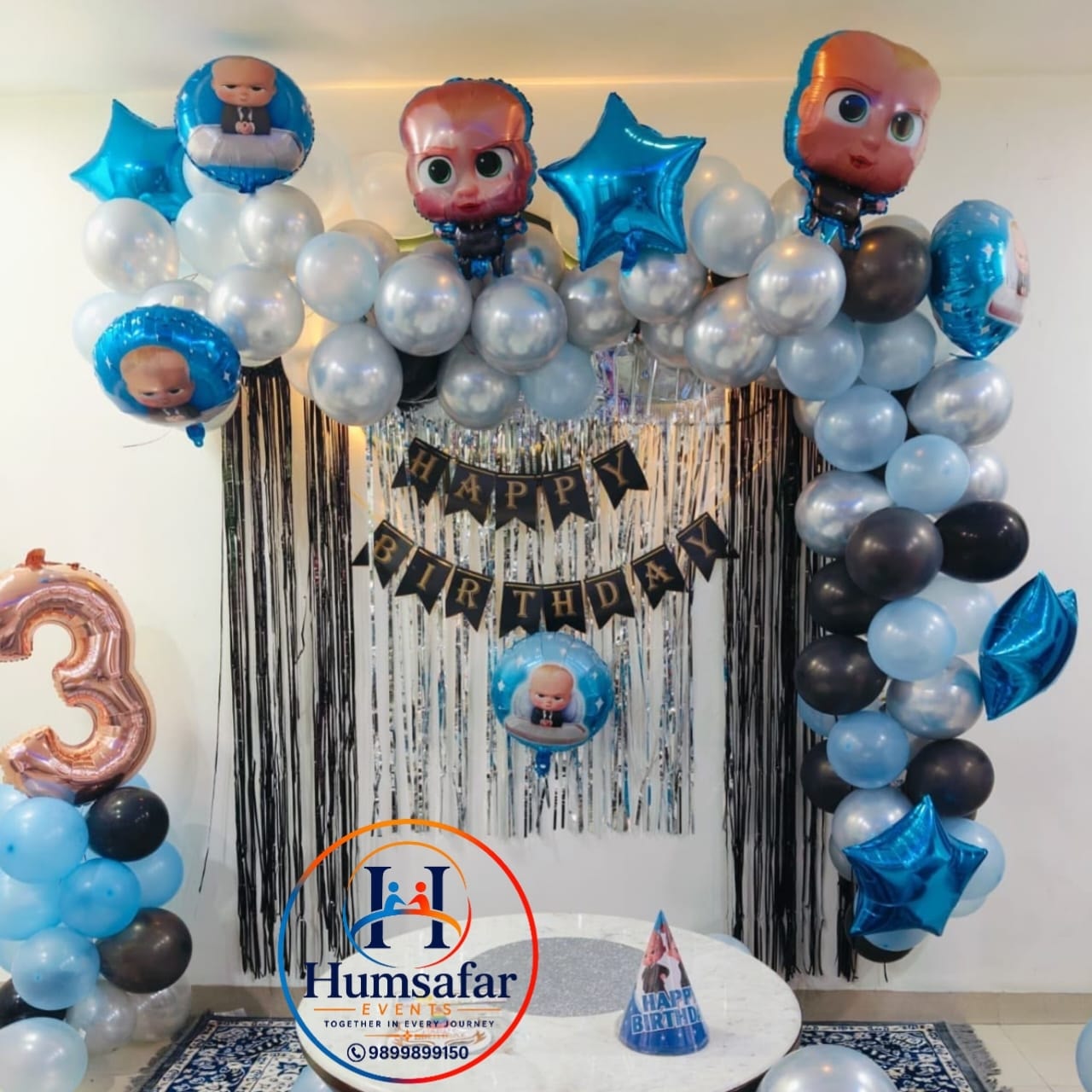 Black & Silver Fringe Boss Baby 3rd Birthday Setup