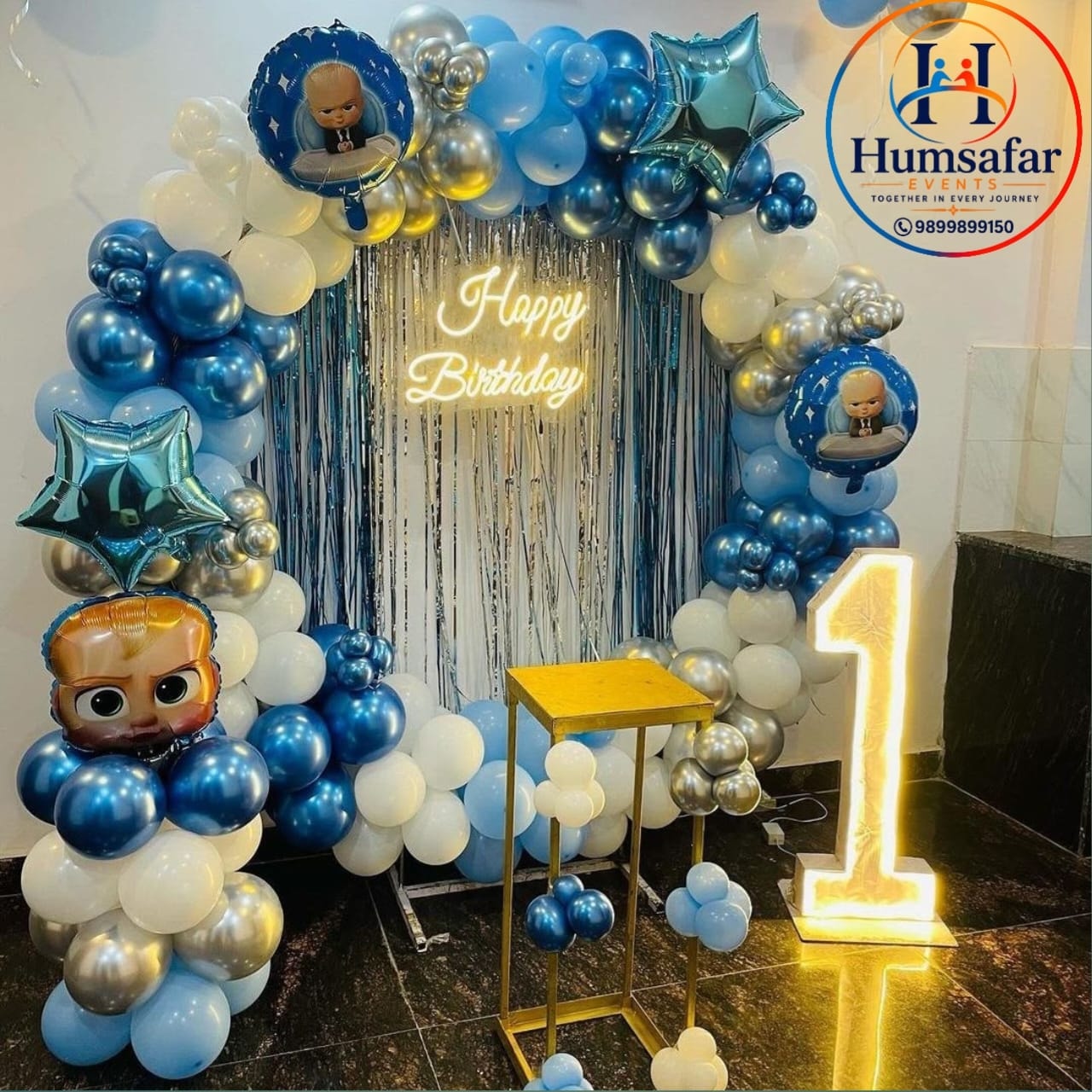 ​Blue & Chrome Balloon Arch with Neon Sign